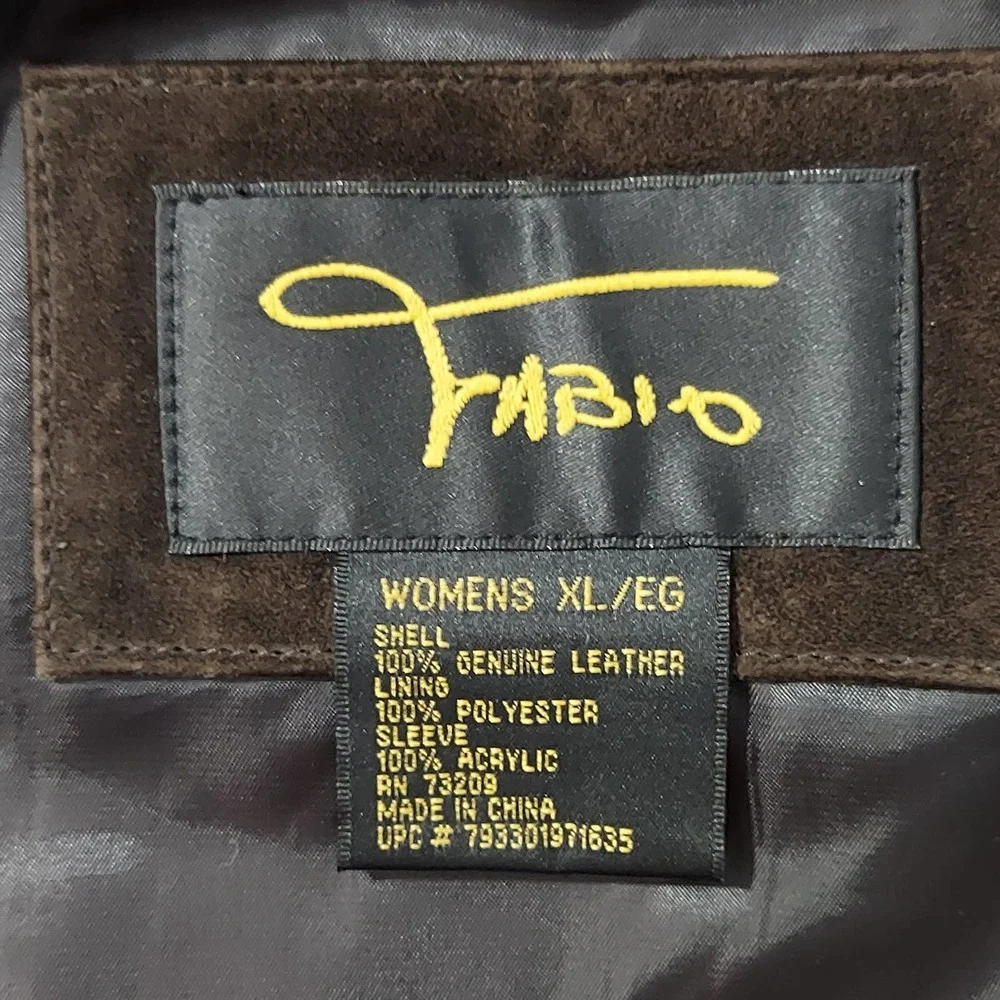 Fabio Coat Womens XL Vtg 80s Brown Genuine Leather Jacket Acrylic Long Sleeve - Picture 3 of 6